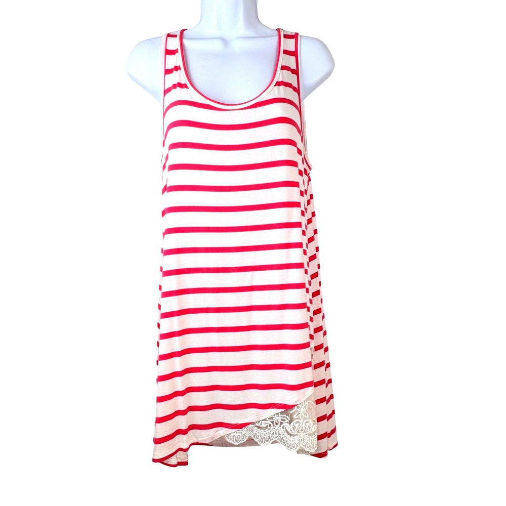Sugar Sands Boutique Medium Pink White Striped Lace Trim Tunic Tank Beach‎ Dress
